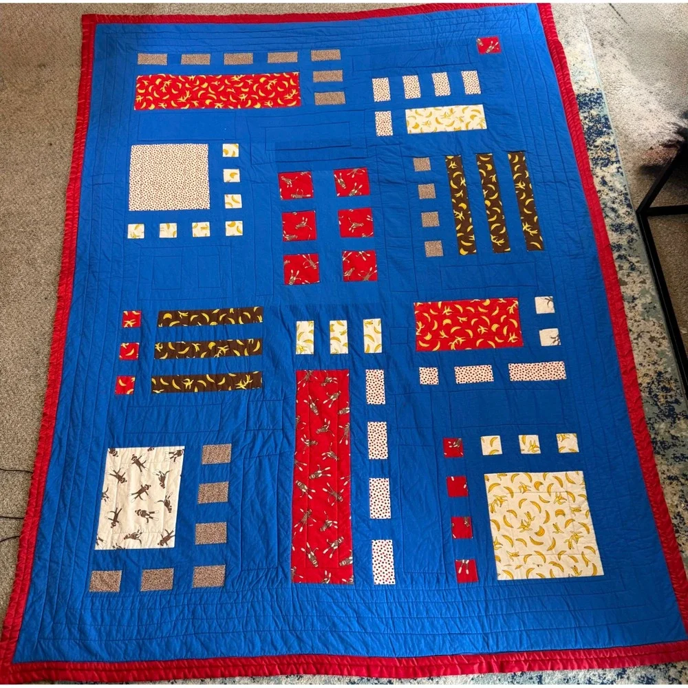Large Handmade Sock Monkey Patchwork Quilt Blue Red Banana Theme Throw Blanket